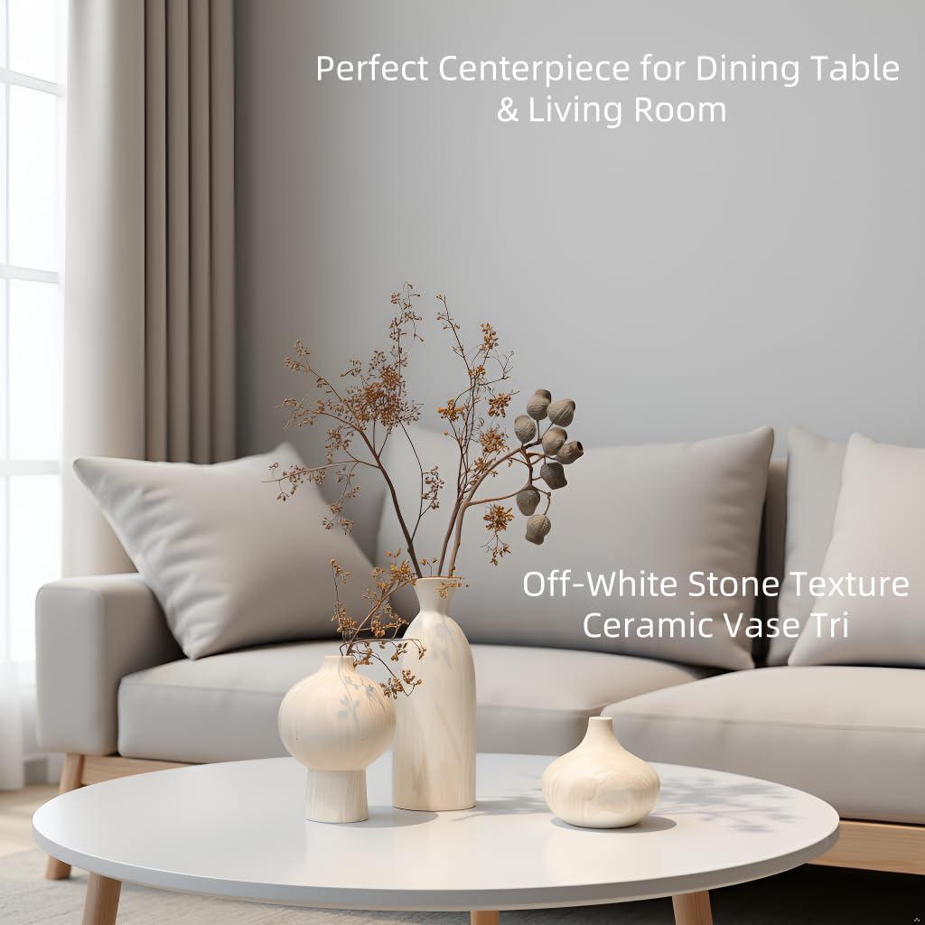 vicase Ceramic Vase Set of 3 – White & Beige, Stone-Look Texture