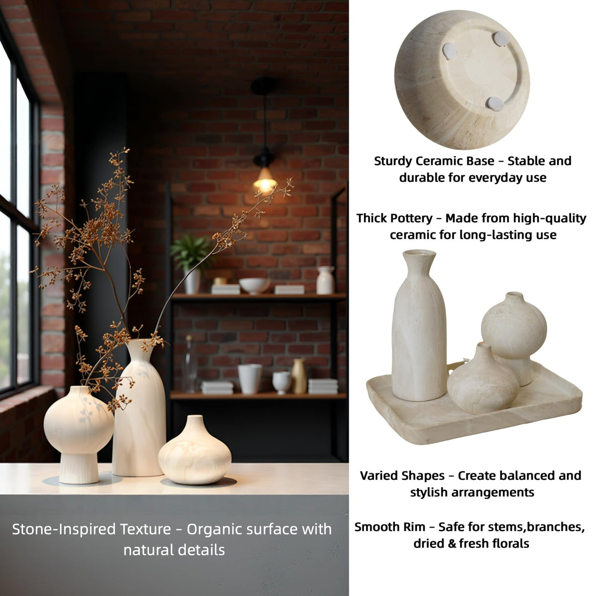 vicase Ceramic Vase Set of 3 – White & Beige, Stone-Look Texture