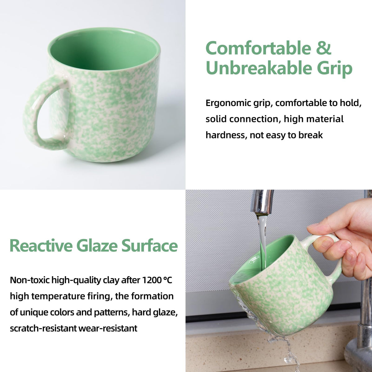 vicase 12oz Ceramic Coffee Mugs – Set of 4, Green