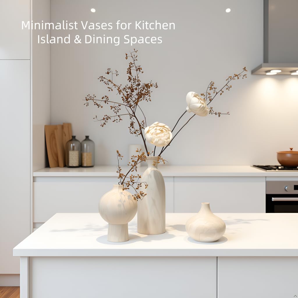 vicase Ceramic Vase Set of 3 – White & Beige, Stone-Look Texture