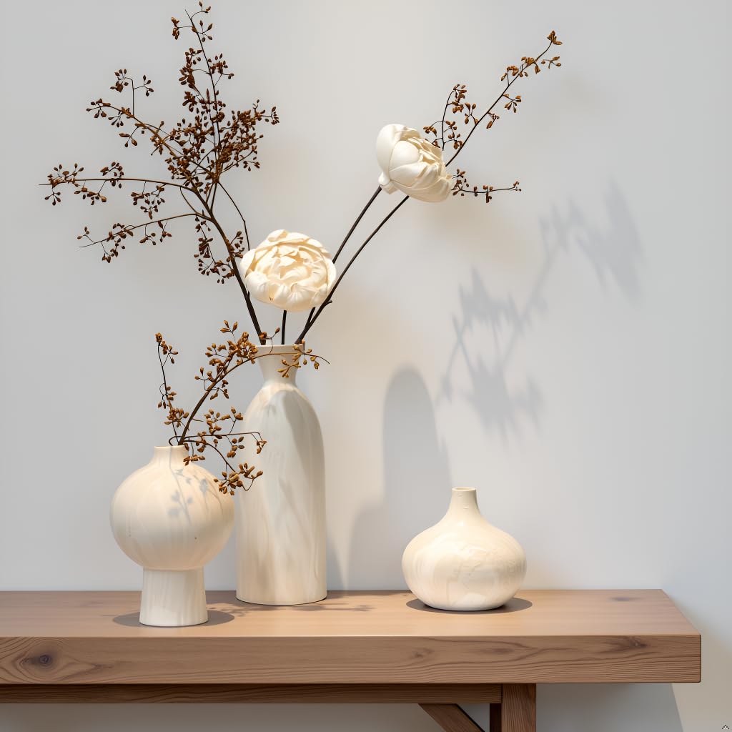 vicase Ceramic Vase Set of 3 – White & Beige, Stone-Look Texture