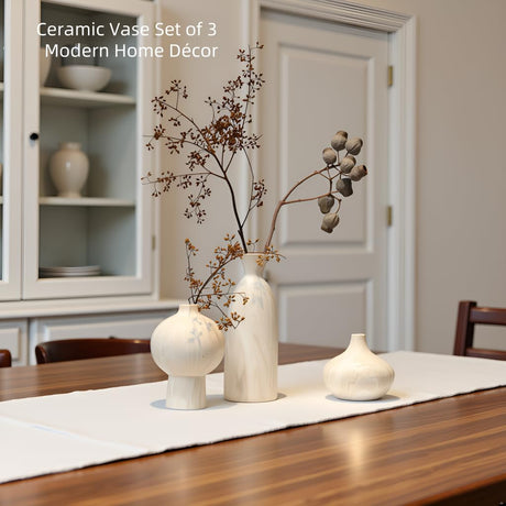 vicase Ceramic Vase Set of 3 – White & Beige, Stone-Look Texture