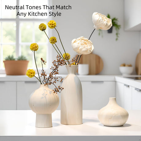 vicase Ceramic Vase Set of 3 – White & Beige, Stone-Look Texture