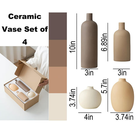 vicase Modern Ceramic Vase Set of 4 – Neutral Colors, Coffee Mix