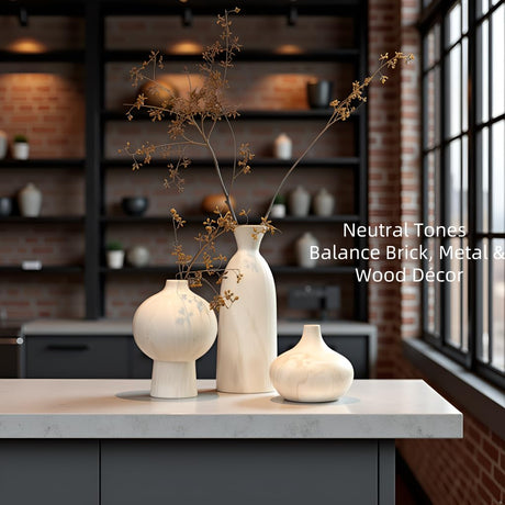 vicase Ceramic Vase Set of 3 – White & Beige, Stone-Look Texture