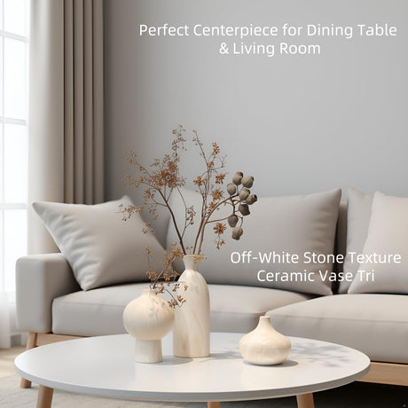 vicase Ceramic Vase Set of 3 – White & Beige, Stone-Look Texture