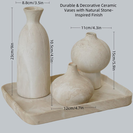 vicase Ceramic Vase Set of 3 – White & Beige, Stone-Look Texture