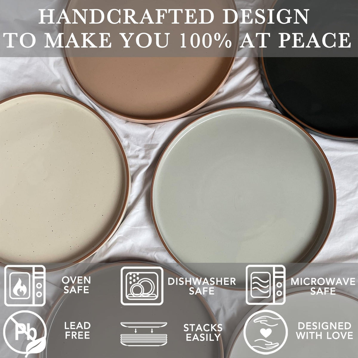 vicase Ceramic Flat Plates – Set of 6, 8 Inch, Neutral Colors