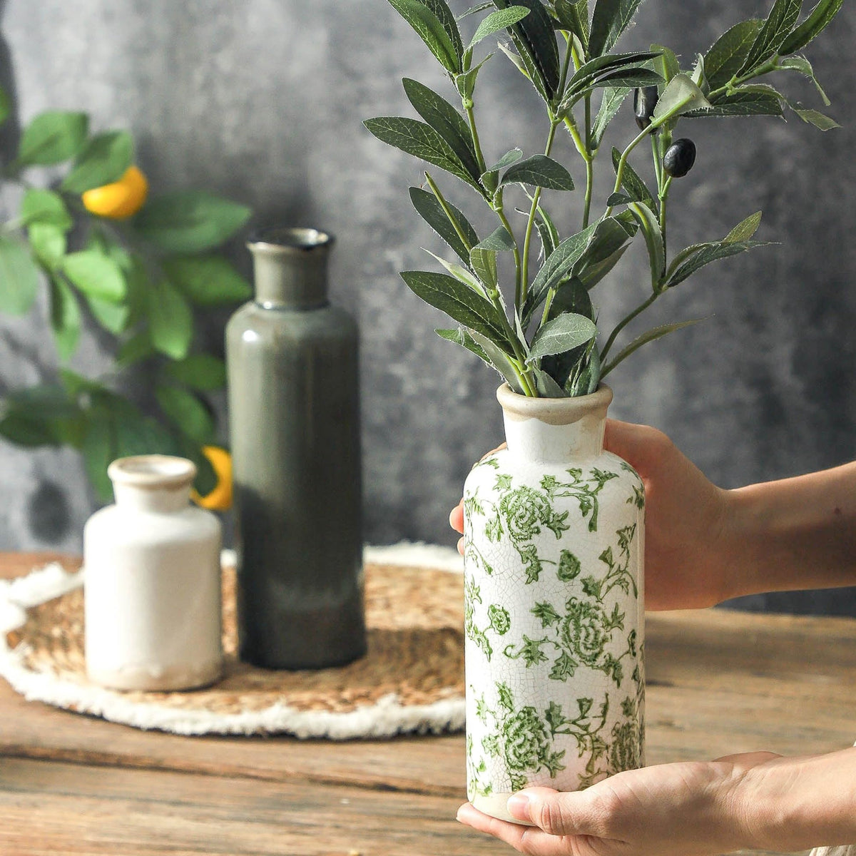 vicase Vintage Ceramic Flower Vase Set of 3 – Chinoiserie, Green & Beige