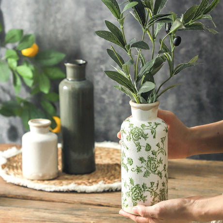vicase Vintage Ceramic Flower Vase Set of 3 – Chinoiserie, Green & Beige