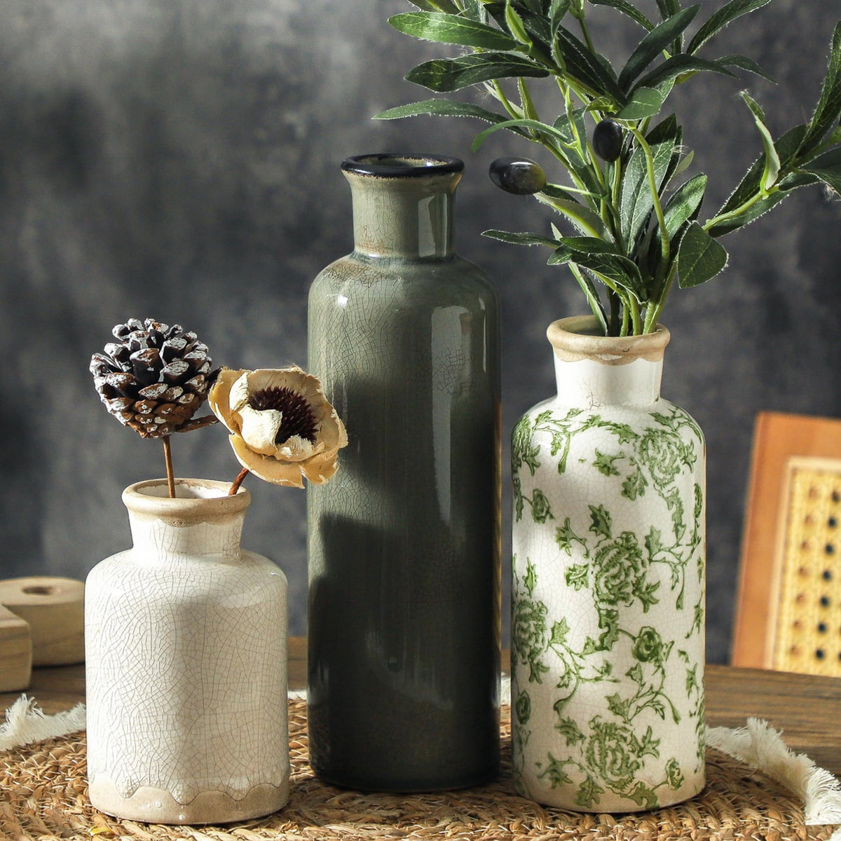 vicase Vintage Ceramic Flower Vase Set of 3 – Chinoiserie, Green & Beige