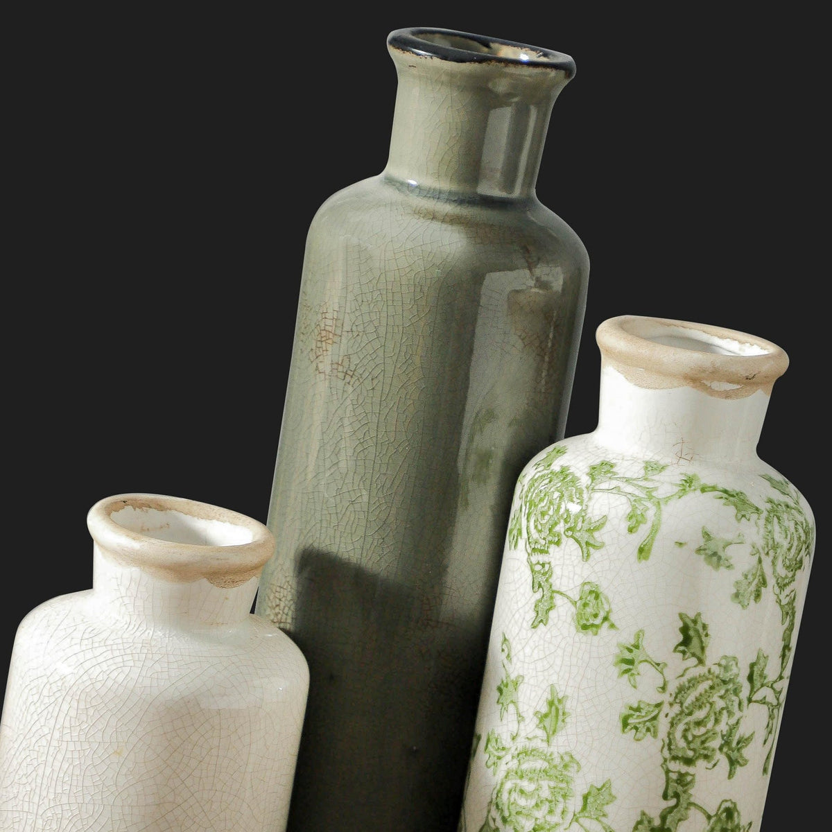 vicase Vintage Ceramic Flower Vase Set of 3 – Chinoiserie, Green & Beige