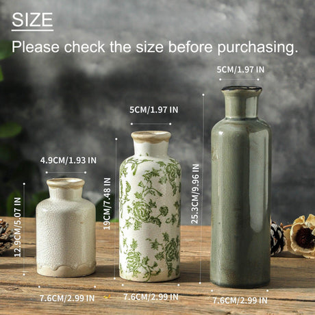 vicase Vintage Ceramic Flower Vase Set of 3 – Chinoiserie, Green & Beige