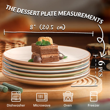 vicase Colorful Ceramic Dessert Plates – Set of 6, 8 Inch, Assorted Colors